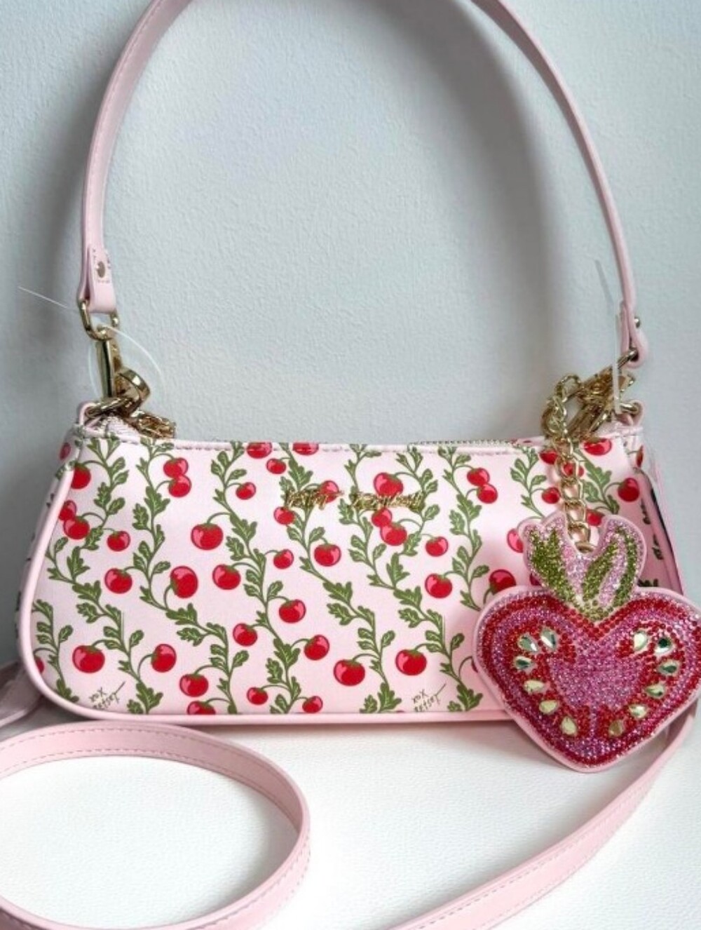 Betsy Johnson-XOMinny Cherry Shoulder-Crossbody Bag & Heart Charm 🩷🍒